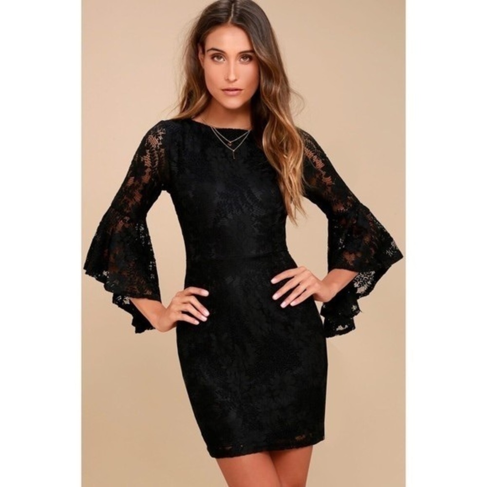 Lulu’s Black Lace Allure Em In Flare Sleeve Bodycon Mini Dress